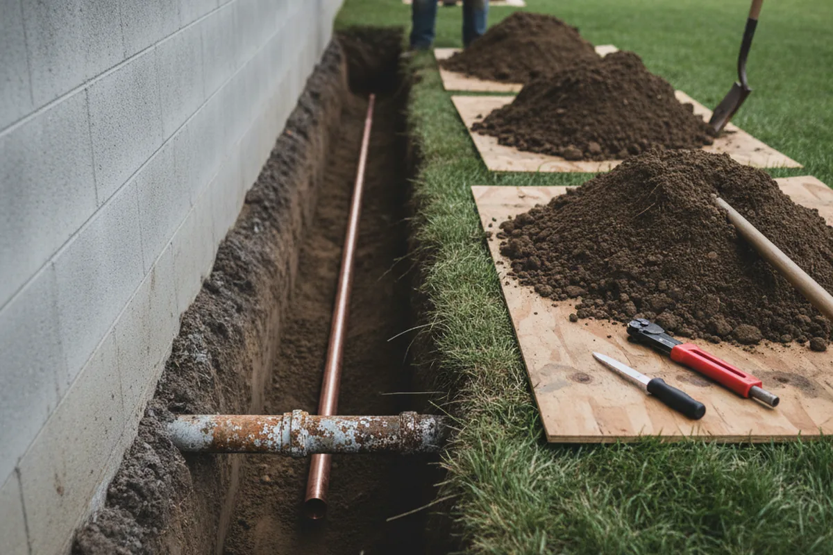 Excavated water line trench during Water Heater Repair in Hugo
